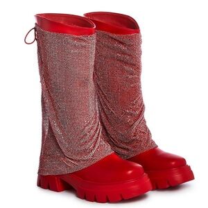NIB $140 Azalea Wang Dolls Kill Bloomfield Chainmail Red Rhinestone Boots